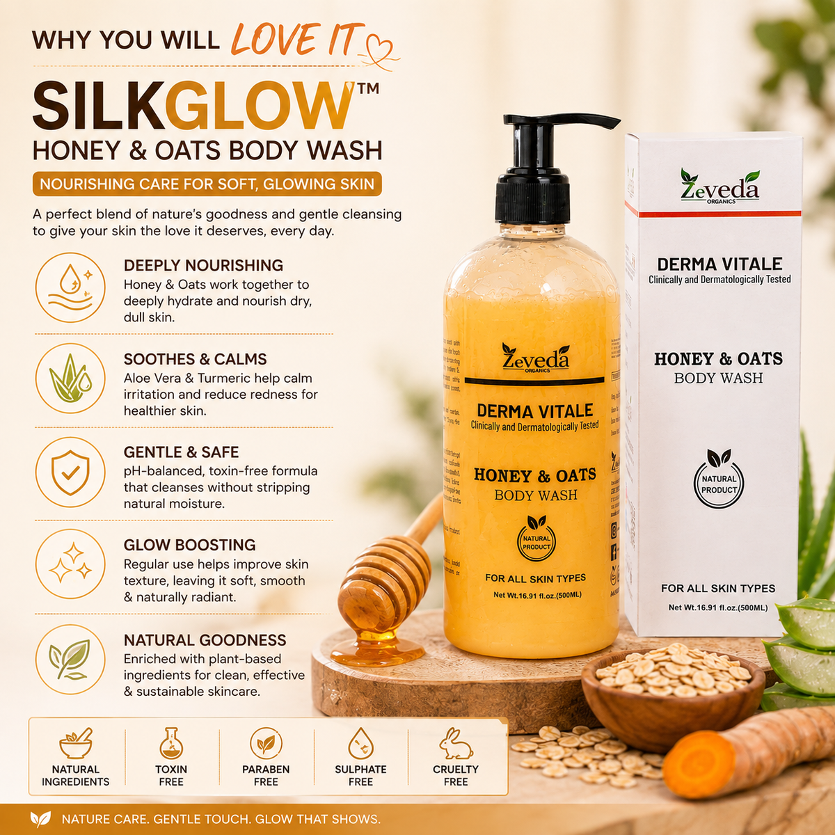 Nourishing Honey & Oats Body Wash with Aloe Vera & Turmeric | SilkGlow™ – 500ml
