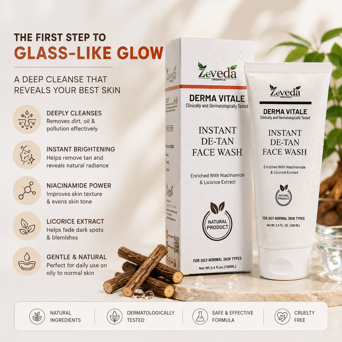 Korean Glass Skin Instant Brightening Face Wash with Niacinamide & Licorice | De-Tan Cleanse™ – 100ml