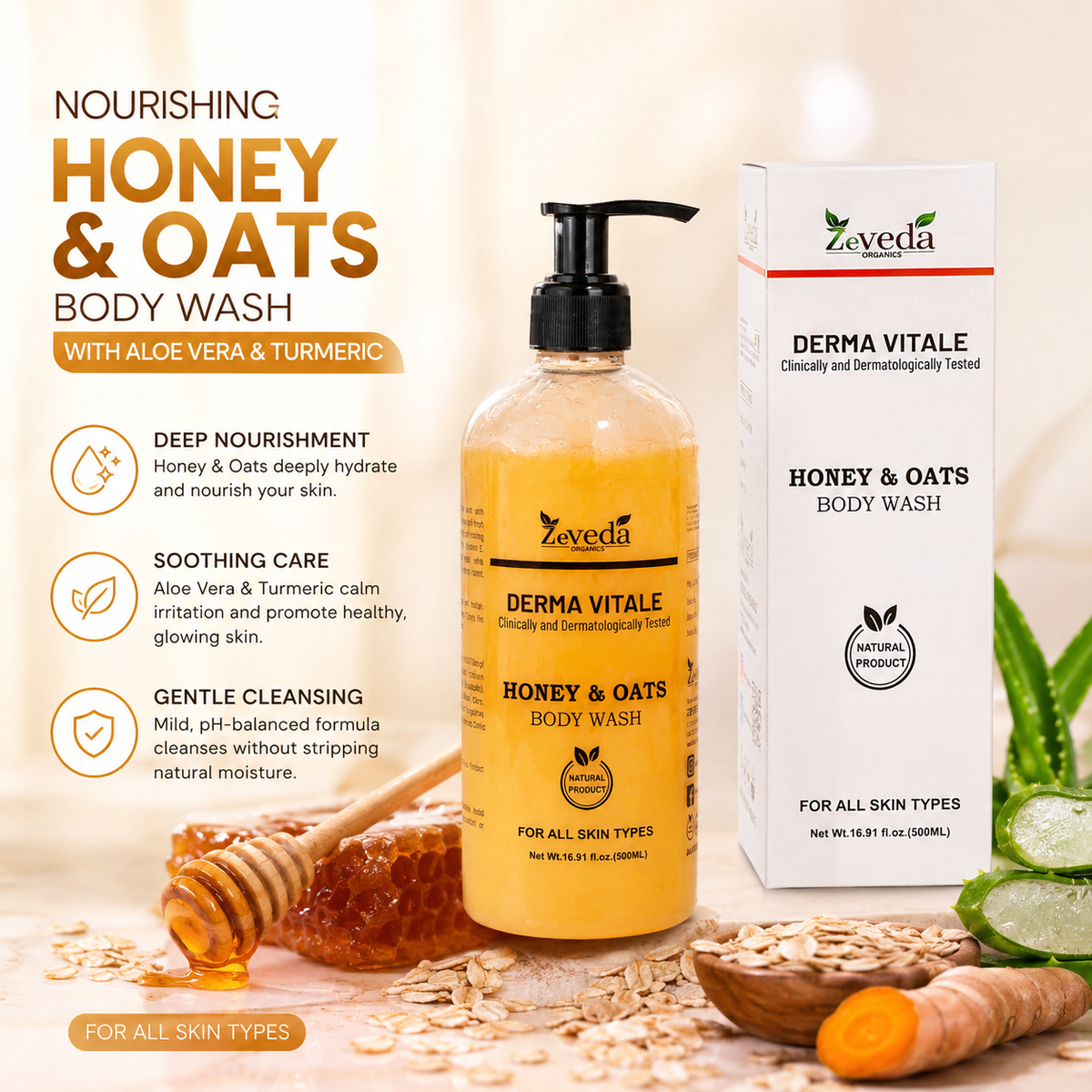 Nourishing Honey & Oats Body Wash with Aloe Vera & Turmeric | SilkGlow™ – 500ml
