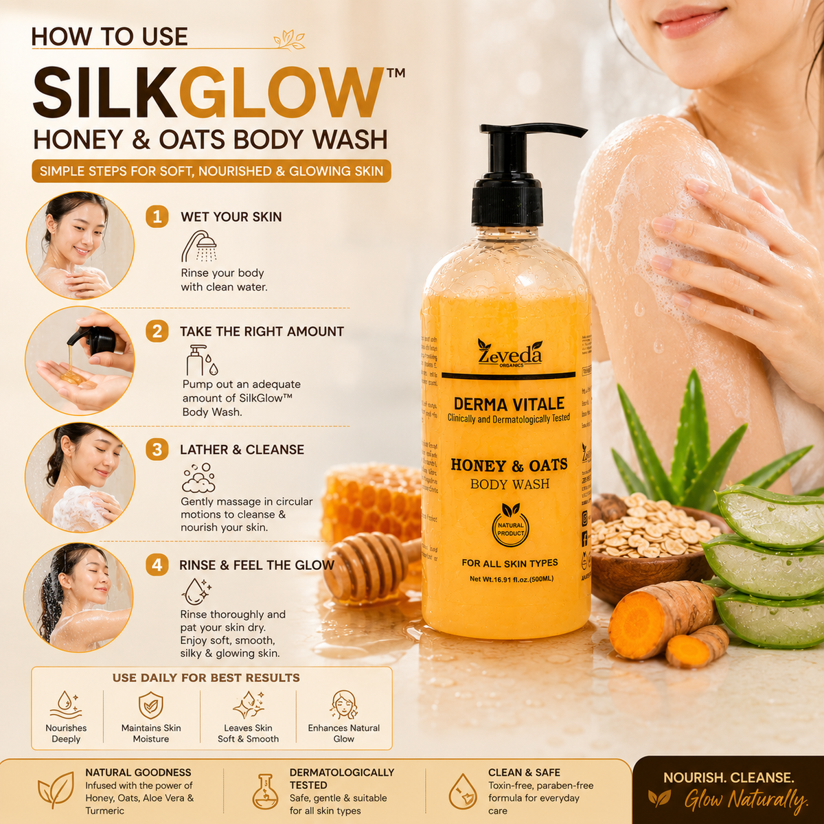 Nourishing Honey & Oats Body Wash with Aloe Vera & Turmeric | SilkGlow™ – 500ml