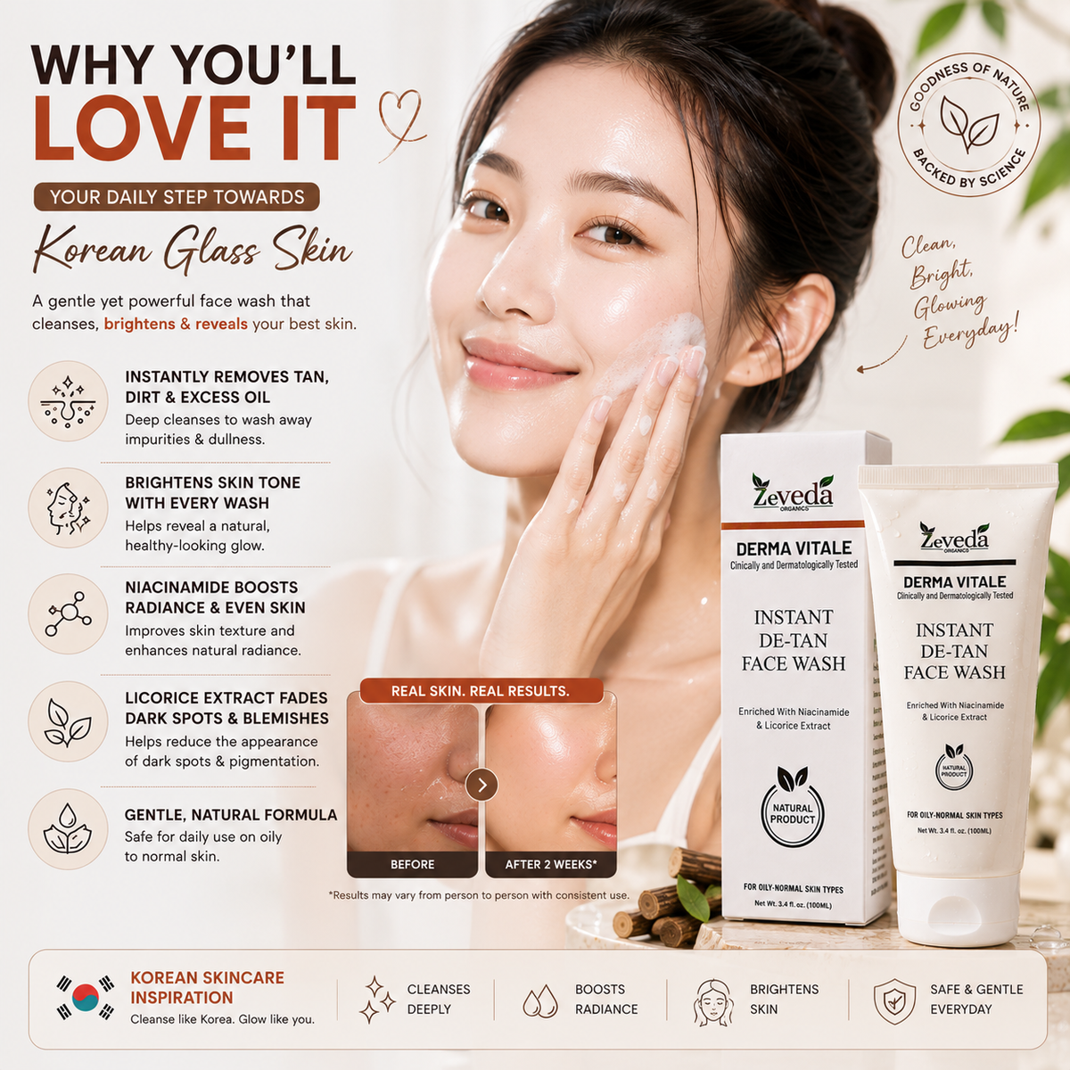 Korean Glass Skin Instant Brightening Face Wash with Niacinamide & Licorice | De-Tan Cleanse™ – 100ml