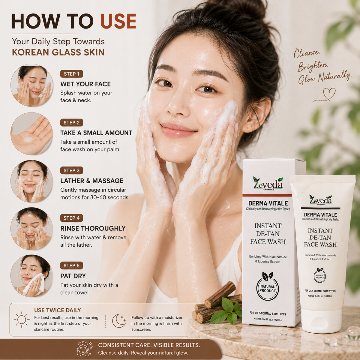 Korean Glass Skin Instant Brightening Face Wash with Niacinamide & Licorice | De-Tan Cleanse™ – 100ml