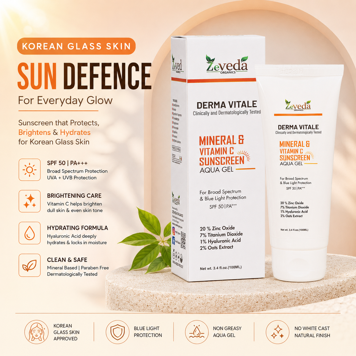 Korean Glass Skin Sunscreen SPF 50 PA+++ with Vitamin C & Hyaluronic Acid – 100ml