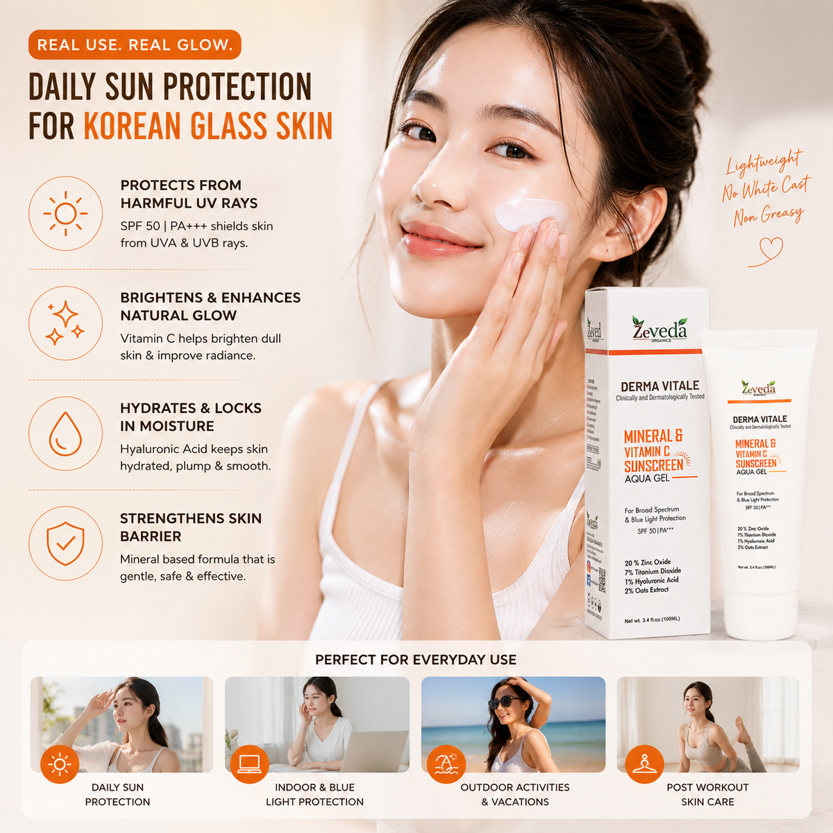 Korean Glass Skin Sunscreen SPF 50 PA+++ with Vitamin C & Hyaluronic Acid – 100ml