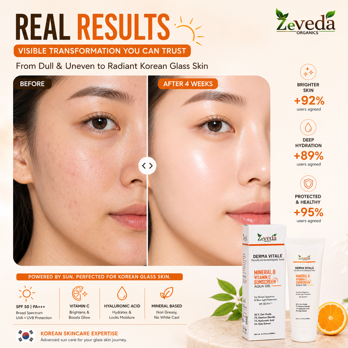 Korean Glass Skin Sunscreen SPF 50 PA+++ with Vitamin C & Hyaluronic Acid – 100ml