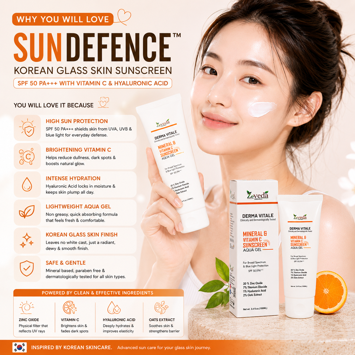 Korean Glass Skin Sunscreen SPF 50 PA+++ with Vitamin C & Hyaluronic Acid – 100ml
