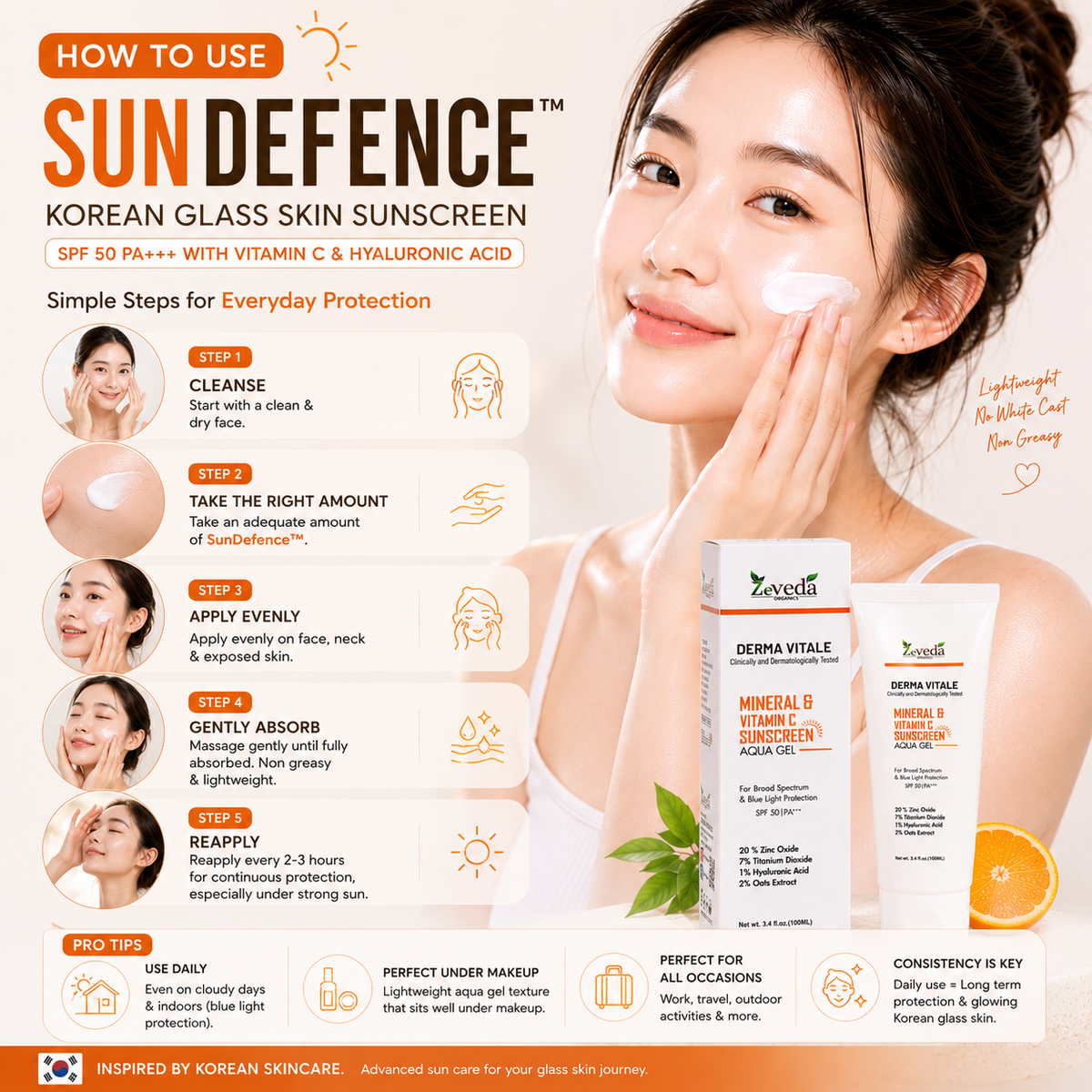 Korean Glass Skin Sunscreen SPF 50 PA+++ with Vitamin C & Hyaluronic Acid – 100ml
